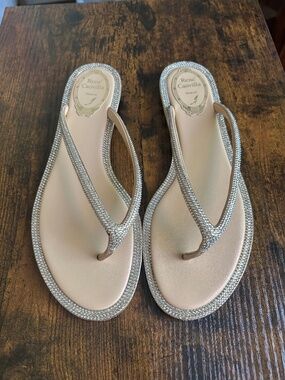 René Caovilla Crystal Thong Sandals Nude 39